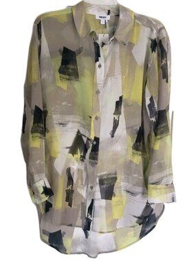 NWT DKNY ABSTRACT CHIFFON LONG SLEEVE BUTTON UP BLOUSE SHIRT SMALL